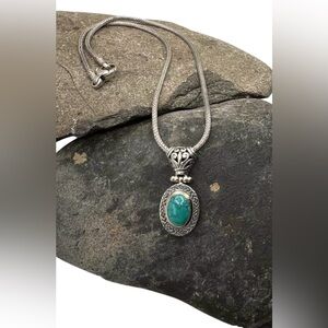 Bali Indonesia 14K Gold Sterling Silver Turquoise Wheat Chain Two Tone Necklace